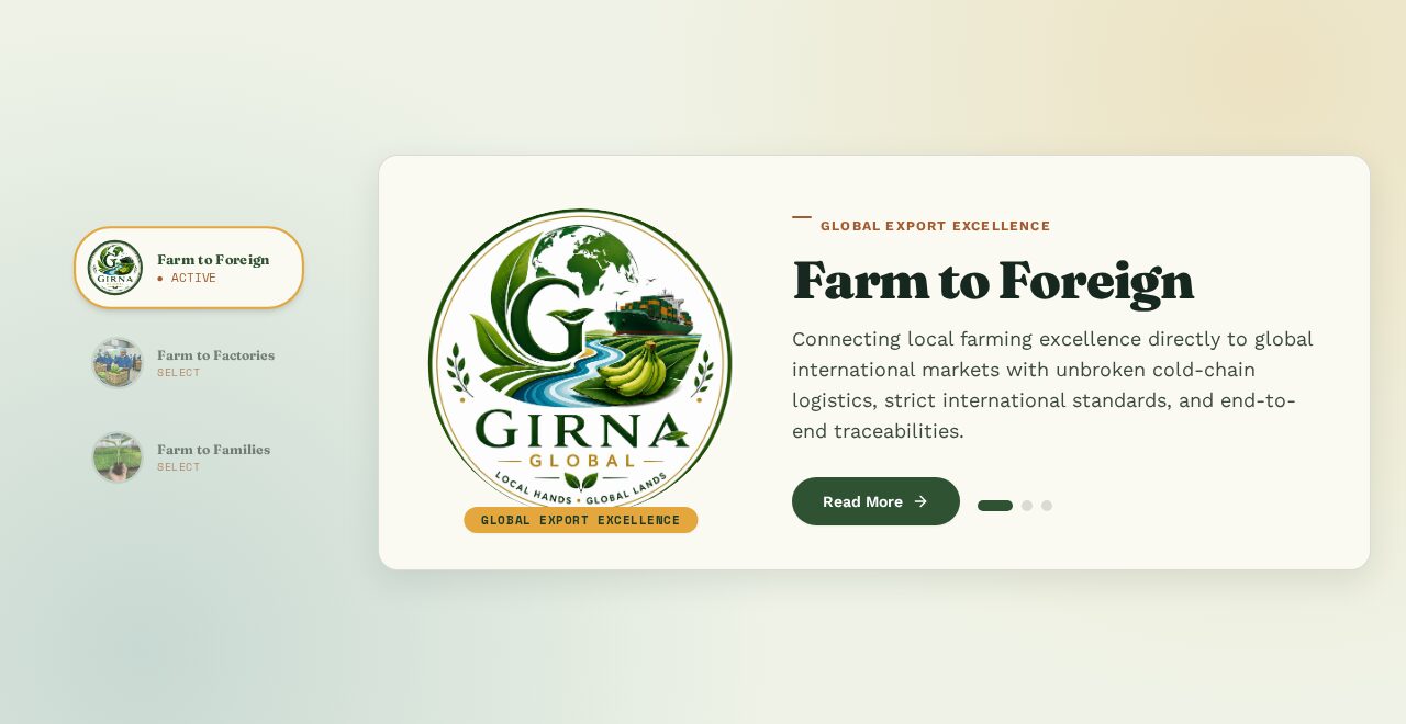 Girna Global website hero section — Farm to Foreign export brand