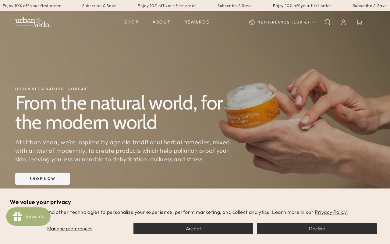 Urban Veda Shopify store hero section — Ayurvedic skincare brand
